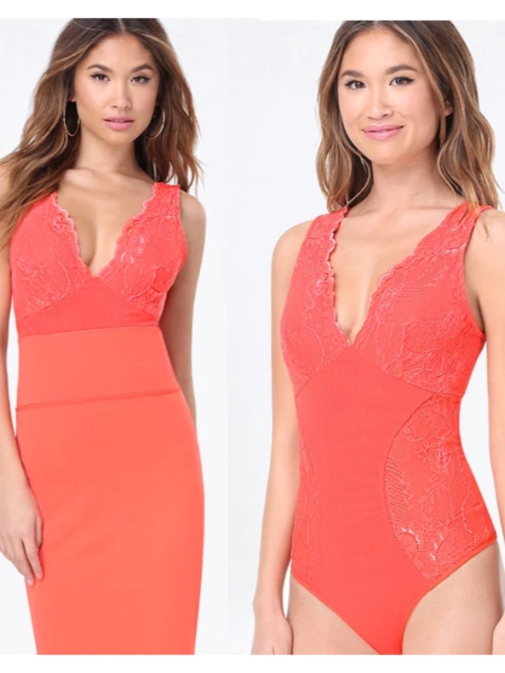 NEW Bebe Orange Coral Lace Deep V Neck Bodysuit Cutout Back Bustier Top L Large